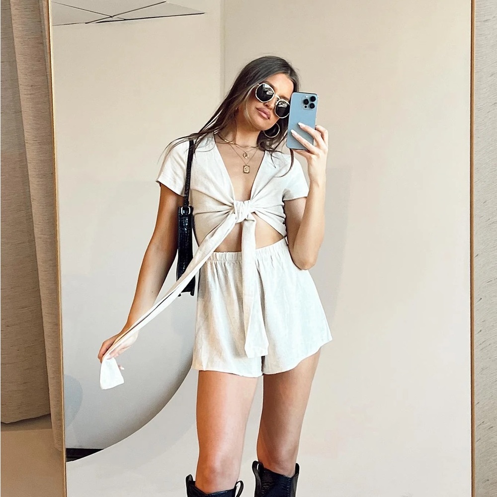 Ragnar Tie Front Romper Beige Princess Polly
